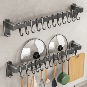 Kitchen Storage Rack Non-perforated shelves Wall Mounted with Movable hook Spoon Holder Organizer Kitchen Utensil Accessories